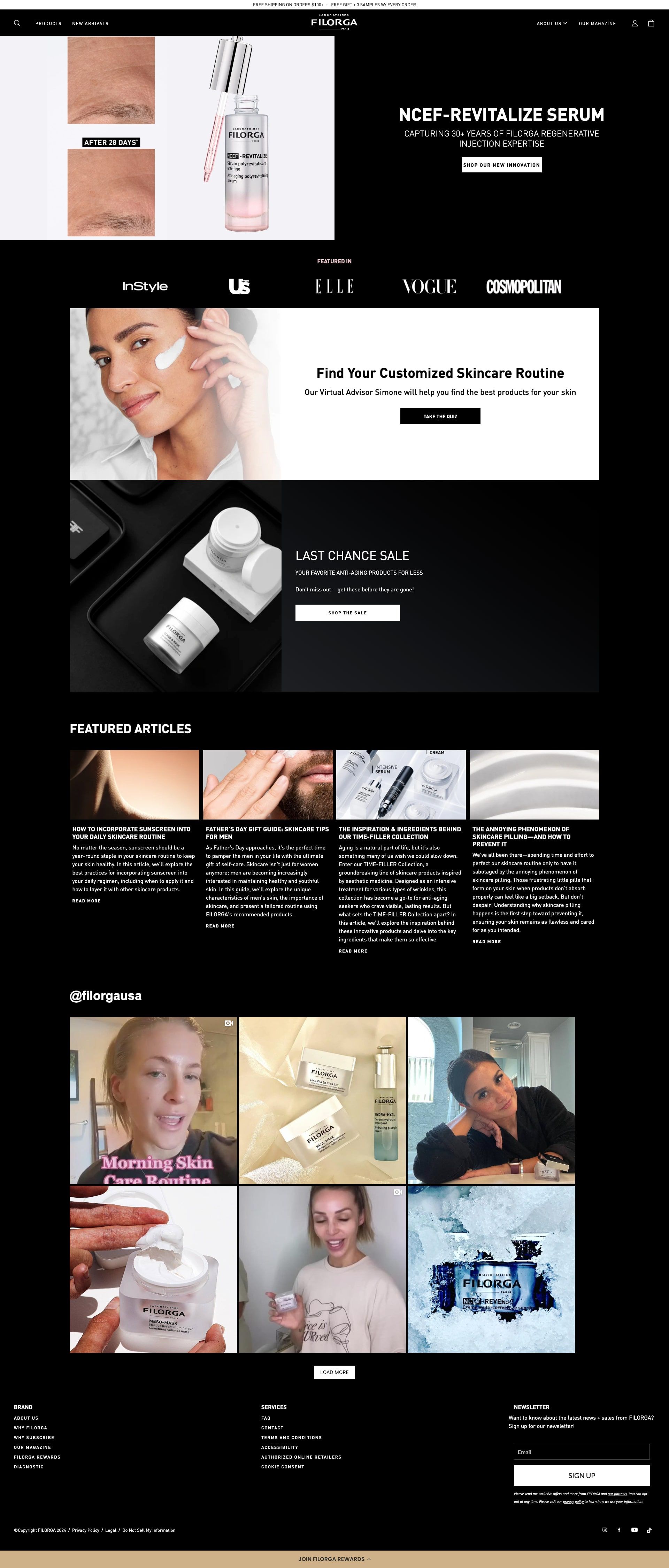 Full-page screenshot of the Filorga US online store: the NCEF-Revitalize serum banner, a skincare routine finder, a sale banner, featured articles and an Instagram feed.